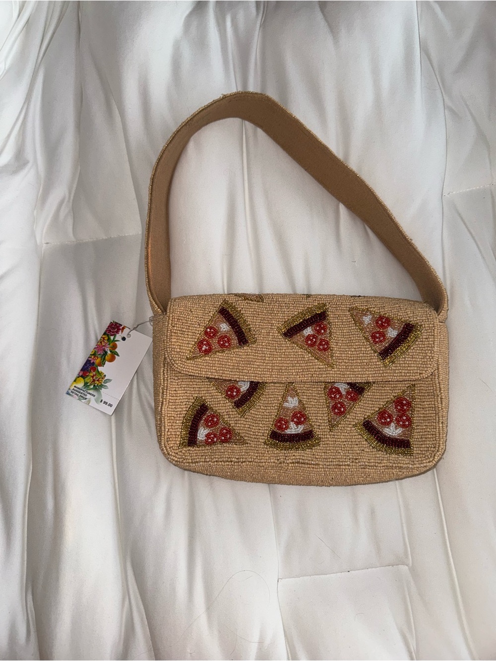 Pizza Beaded Shoulder Bag Handmade in India New with Tags